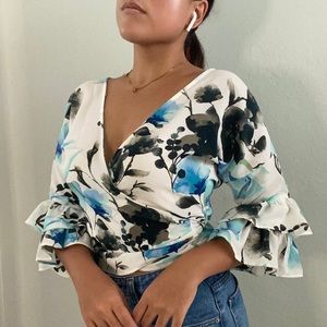 Elegant Haute Monde White & Blue Floral Bell Sleeve Blouse